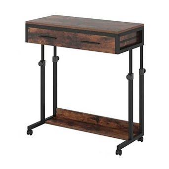 YIORTWO Height Adjustable Mobile Side Table with Drawer and Storage Shelf