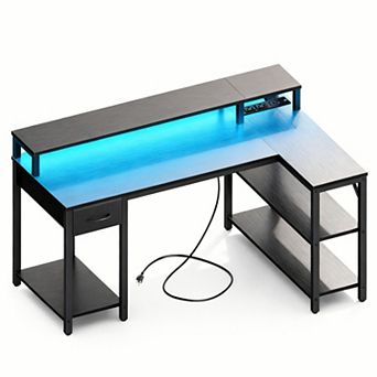 YIORTWO L Shaped Gaming Desk with LED Lights Power Outlets and Monitor Stand