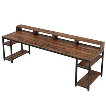 YIORTWO Two Person Computer Desk with Monitor Stand and Storage Shelves