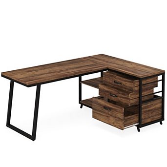 YIORTWO L Shaped Computer Desk with Drawers and Storage Shelves