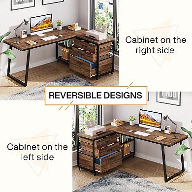 YIORTWO L Shaped Computer Desk with Drawers and Storage Shelves
