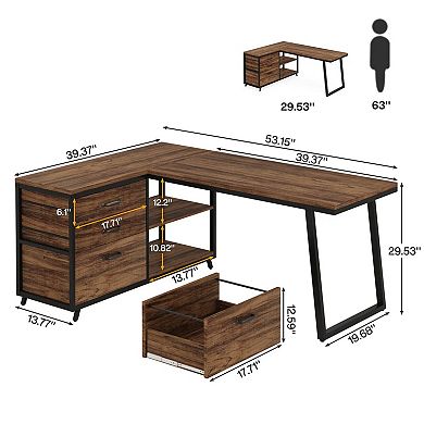 YIORTWO L Shaped Computer Desk with Drawers and Storage Shelves