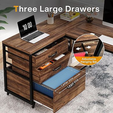 YIORTWO L Shaped Computer Desk with Drawers and Storage Shelves