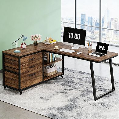 YIORTWO L Shaped Computer Desk with Drawers and Storage Shelves