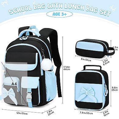 3PCS Backpack Set Lunch Box Pencil Case Bow Daypack