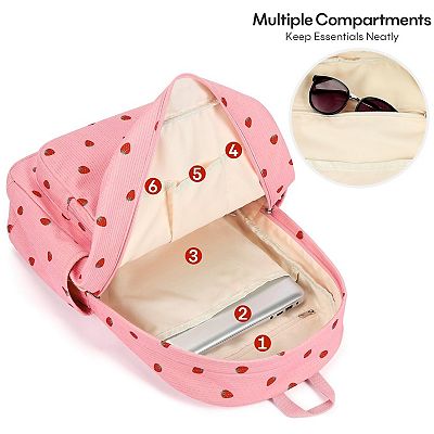 Corduroy School Backpack with Removable Bow Pouch Padded Straps Corduroy Backpack Unisex Lightweight Daypack Backpacks  main image 3