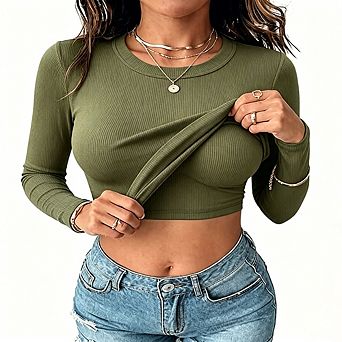 Women Ribbed Crew Neck Long Sleeve Cropped Top with Built-in Bra Pads Slim Fit Layering Tee