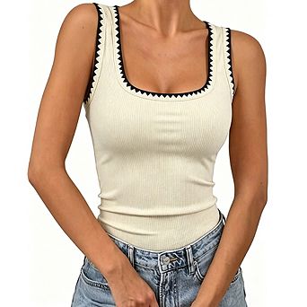 Women Square Neck Sleeveless Ribbed Tank Top Contrast Stitch Trim Slim Fit Layering Vest