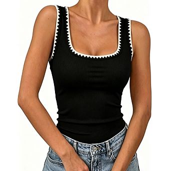 Women Square Neck Sleeveless Ribbed Tank Top Contrast Stitch Trim Slim Fit Layering Vest