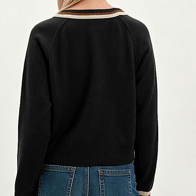 Women V Neck Color Trim Button Front Knit Cardigan