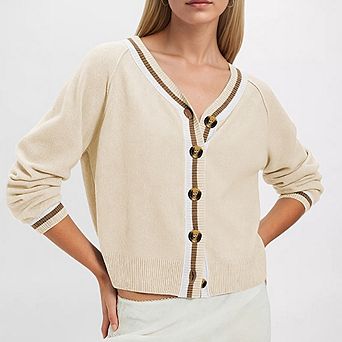Women V Neck Color Trim Button Front Knit Cardigan