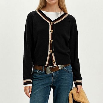 Women V Neck Color Trim Button Front Knit Cardigan