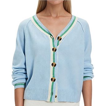 Women V Neck Color Trim Button Front Knit Cardigan