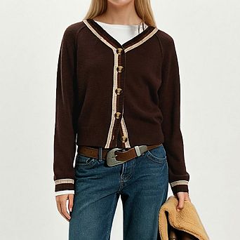 Women V Neck Color Trim Button Front Knit Cardigan