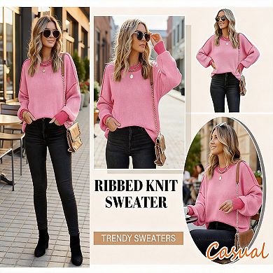 Womens Oversized Batwing Sleeve Colorblock Striped Knit Pullover Tops