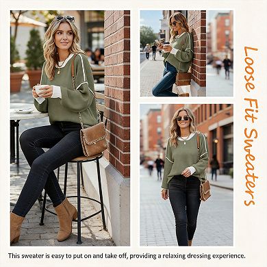 Womens Oversized Batwing Sleeve Colorblock Striped Knit Pullover Tops