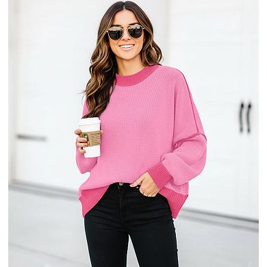 Womens Oversized Batwing Sleeve Colorblock Striped Knit Pullover Tops