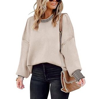 Womens Oversized Batwing Sleeve Colorblock Striped Knit Pullover Tops