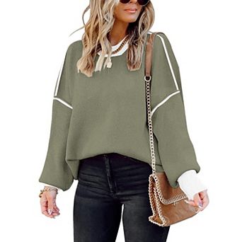 Womens Oversized Batwing Sleeve Colorblock Striped Knit Pullover Tops