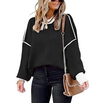 Womens Oversized Batwing Sleeve Colorblock Striped Knit Pullover Tops