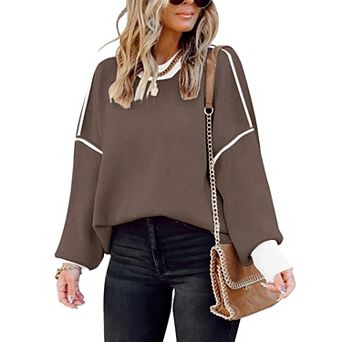 Womens Oversized Batwing Sleeve Colorblock Striped Knit Pullover Tops