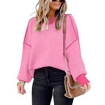 Womens Oversized Batwing Sleeve Colorblock Striped Knit Pullover Tops