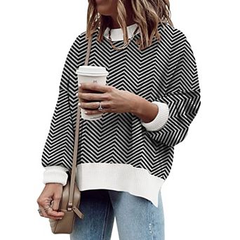 Womens Oversized Batwing Sleeve Colorblock Striped Knit Pullover Tops