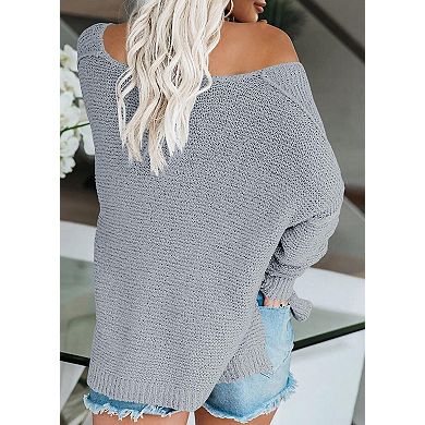 Women's Off Shoulder V Neck Knit Pullover Top