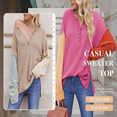 Women's V Neck Batwing Long Sleeve Henley Knit Jumper
