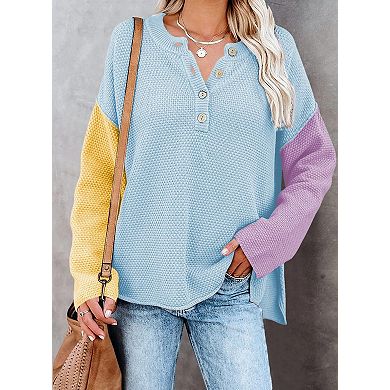 Women's V Neck Batwing Long Sleeve Henley Knit Jumper