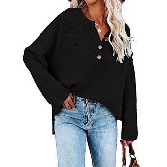 Women's V Neck Batwing Long Sleeve Henley Knit Jumper