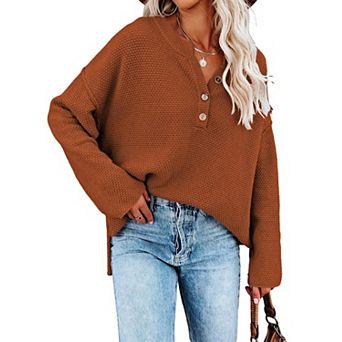 Women's V Neck Batwing Long Sleeve Henley Knit Jumper
