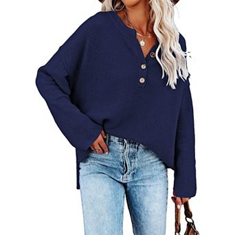 Women's V Neck Batwing Long Sleeve Henley Knit Jumper