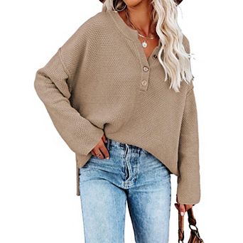 Women's V Neck Batwing Long Sleeve Henley Knit Jumper