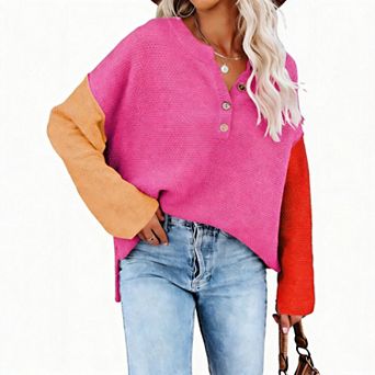 Women's V Neck Batwing Long Sleeve Henley Knit Jumper