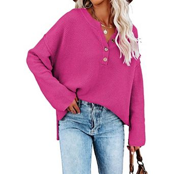 Women's V Neck Batwing Long Sleeve Henley Knit Jumper