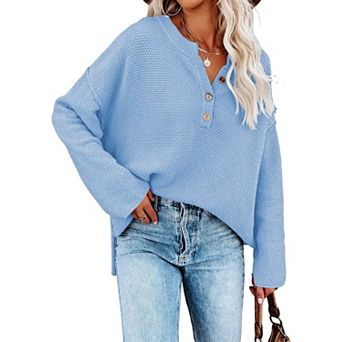 Women's V Neck Batwing Long Sleeve Henley Knit Jumper