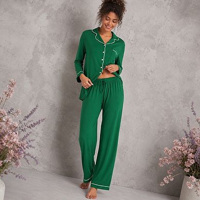 Women's Long Sleeve Button Down Modal Pajama Set Soft Lounge Sleepwear