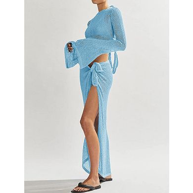 Womens 2 Pcs Crochet Hollow Out Beach Swimwear Cover Up Set