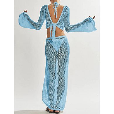 Womens 2 Pcs Crochet Hollow Out Beach Swimwear Cover Up Set