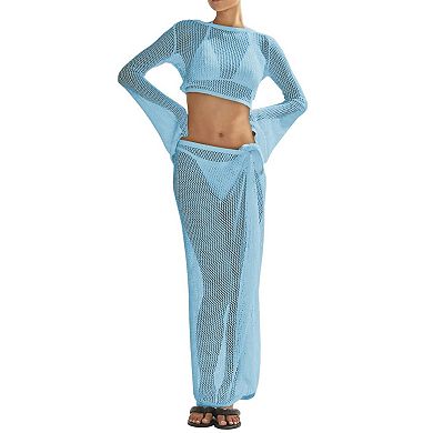 Womens 2 Pcs Crochet Hollow Out Beach Swimwear Cover Up Set