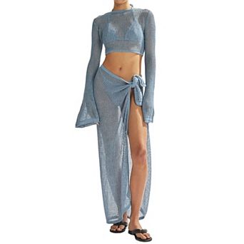 Womens 2 pc Crochet Hollow Out Beach Swimwear Cover Up Set