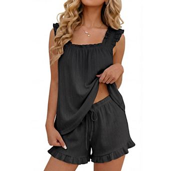 Womens 2 pc Cotton Ruffle Tank Top Shorts Soft Bridal Sleepwear Lounge Set