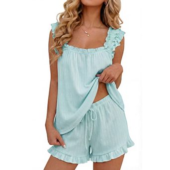 Womens 2 pc Cotton Ruffle Tank Top Shorts Soft Bridal Sleepwear Lounge Set