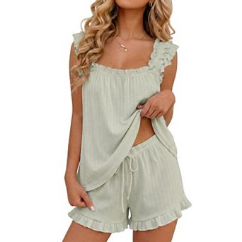 Womens 2 pc Cotton Ruffle Tank Top Shorts Soft Bridal Sleepwear Lounge Set