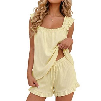 Womens 2 pc Cotton Ruffle Tank Top Shorts Soft Bridal Sleepwear Lounge Set