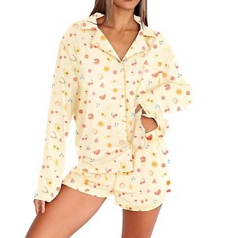 Womens 2 pc Knit Pajama Set Long Sleeve Loungewear Sleepwear