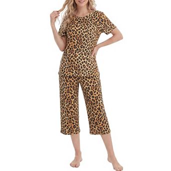 Womens 2 pc Pure Cotton Printed Sleepwear Crewneck Lounge Set