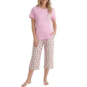Womens 2 pc Pure Cotton Printed Sleepwear Crewneck Lounge Set