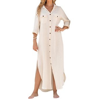 Women Cotton Long Sleeve Button Down Beach Cover Up Maxi Dress Vacation Wear